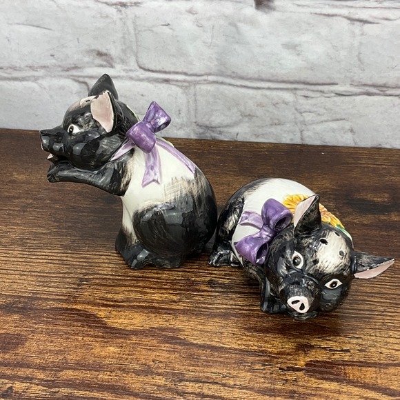 Otagiri Pig Salt and Pepper Shakers Stacked‎ Sunflower Purple Bow Ceramic - Picture 2 of 7